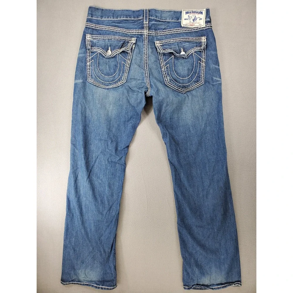 True Religion Straight Jeans Mens 38x33 Blue Big T Stitch Flap‎ Pocket USA Made